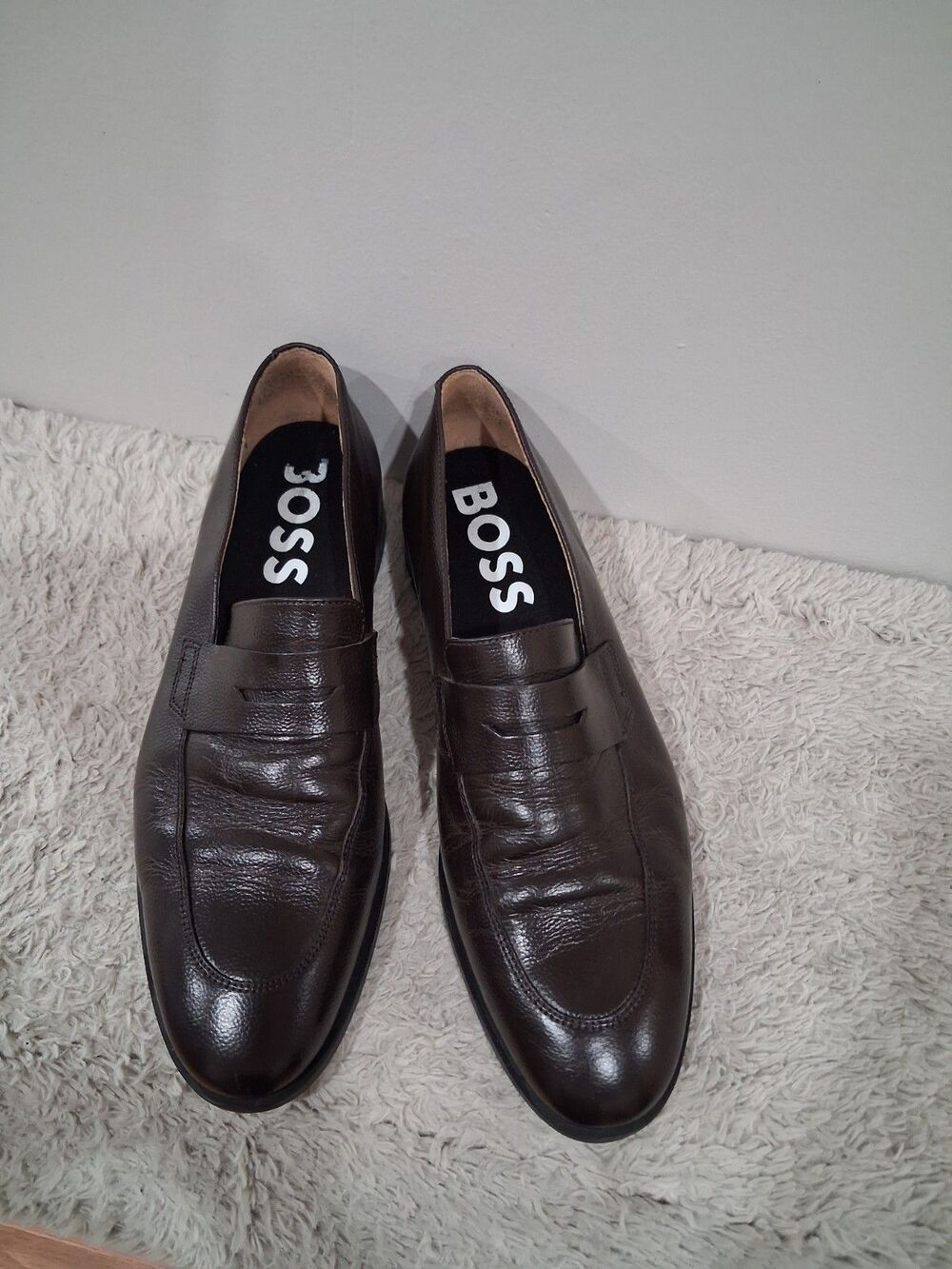 BOSS Hugo Boss Brown Pebbled Leather Penny Loafers Slip On Dress Shoes S  10.